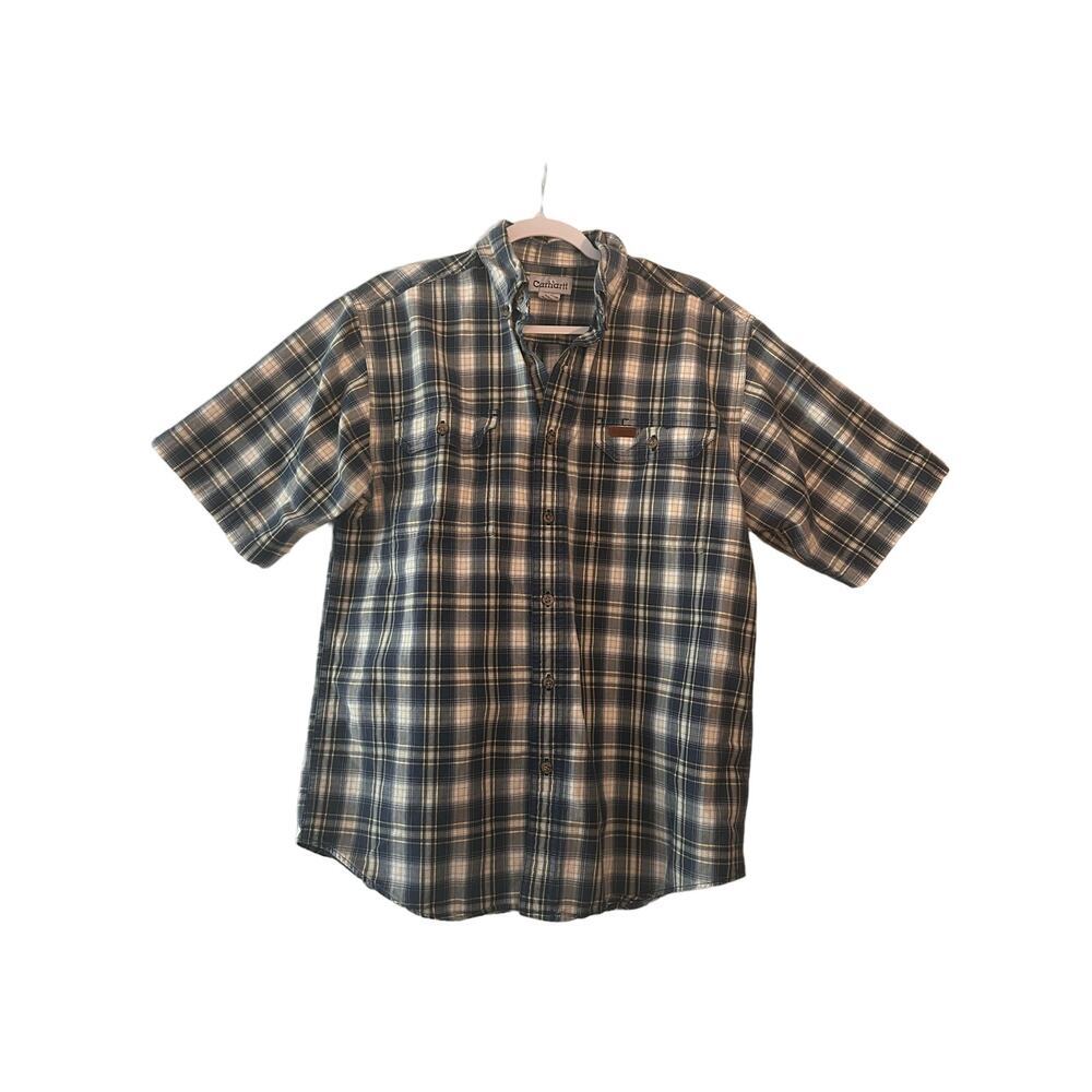 Carhartt Men's Sz M Vintage Heavy Short Sleeve Work Shirt Button Up Plaid Cotton